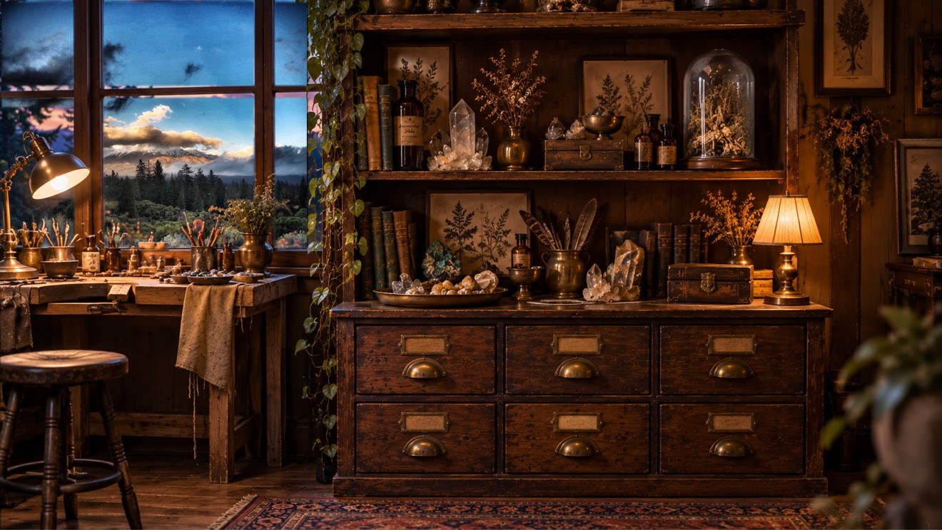 The artist's apothecary, imagined for the studio: a workbench under a tall window at dusk — through the glass, Mount Shasta in the artist's own October 2019 photograph — and a hutch of bottles, books and stones above a bank of six drawers